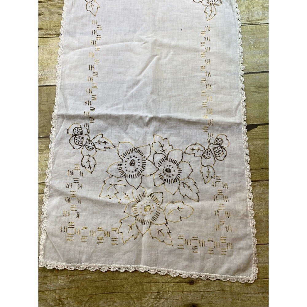 Hand Stitch Table Runner Flower Yellow Brown‎ Floral 40x30